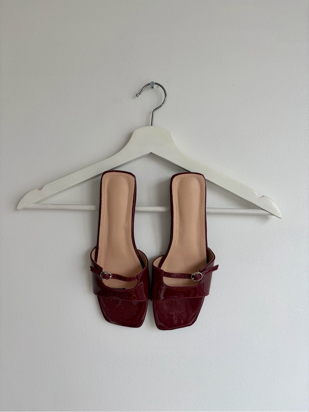 Dark Cherry Red Glossy Square Toe Chic Kitten Heel Sandal